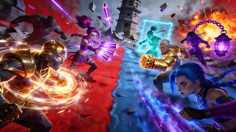 英雄联盟全球总决赛激烈团战现场画面，红色方与蓝色方英雄技能特效全开