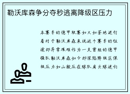 勒沃库森争分夺秒逃离降级区压力